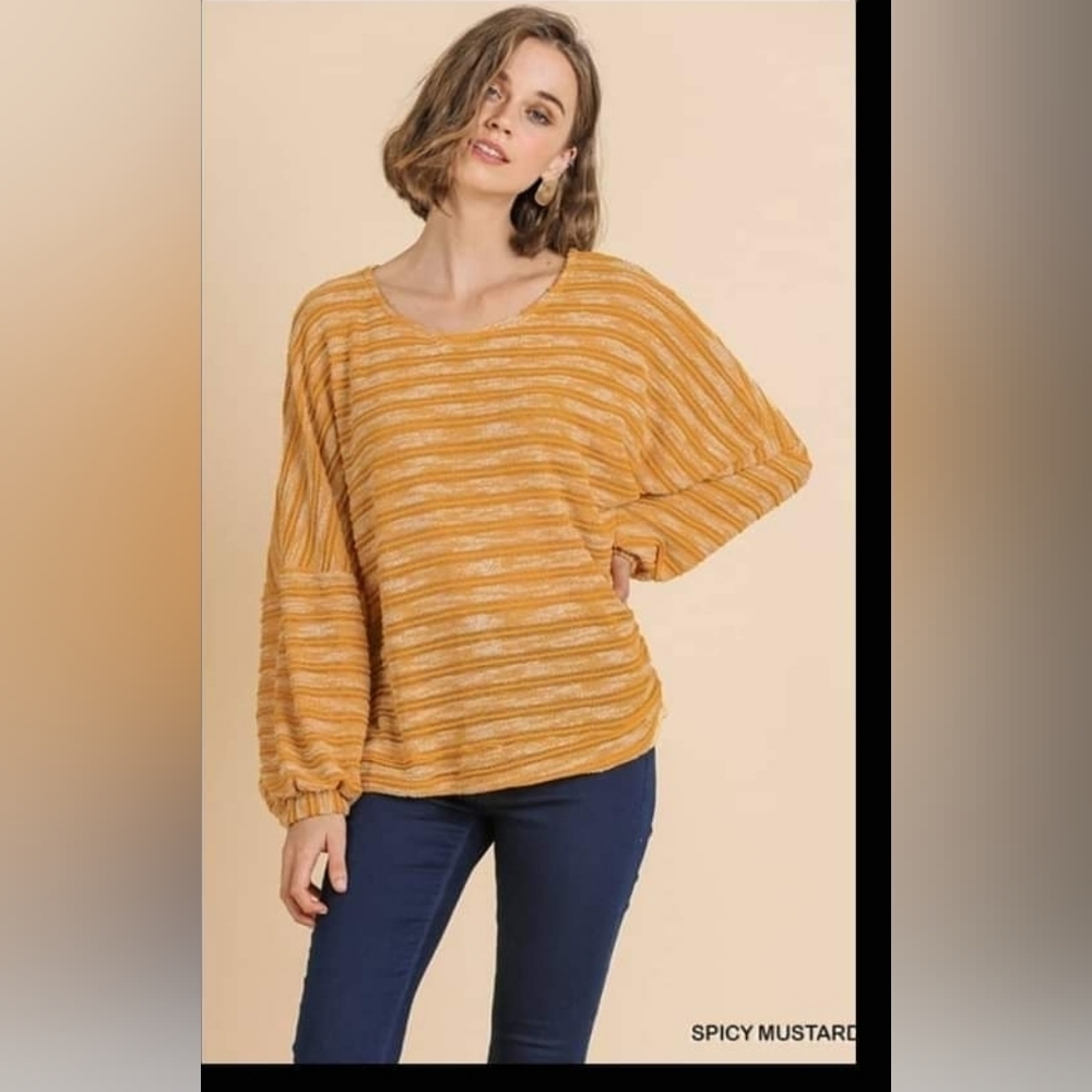Umgee Mustard Yellow and White Stripped Oversized Crewneck Blouse